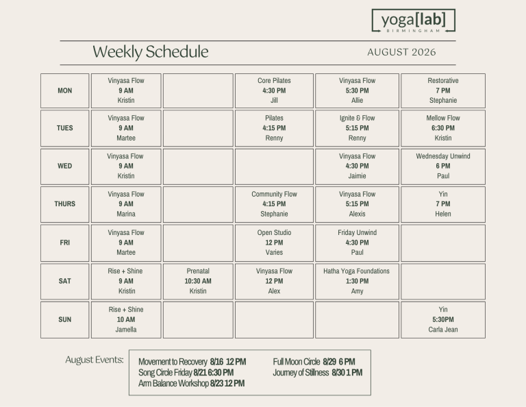 schedule of August classes